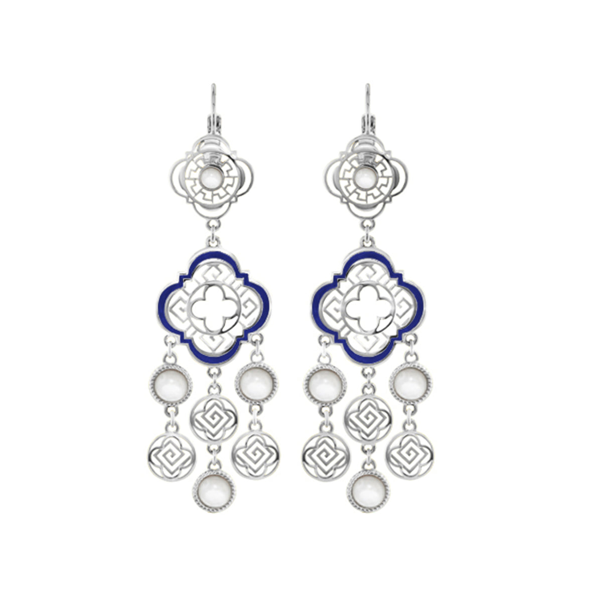 Venetian Dream Earrings chandelier style silver-tone with blue enamel quatrefoil and pearl drops on Tampa Home & Garden Store