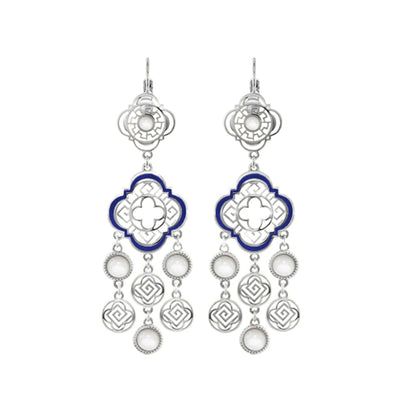 Venetian Dream Earrings chandelier style silver-tone with blue enamel quatrefoil and pearl drops on Tampa Home & Garden Store