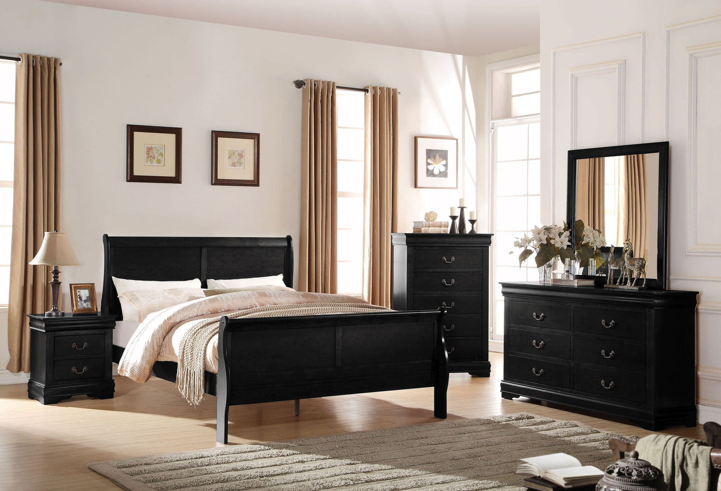 Louis Philippe Sleigh Style Bed black finish with nightstand in beige-toned bedroom on Tampa Home & Garden Store