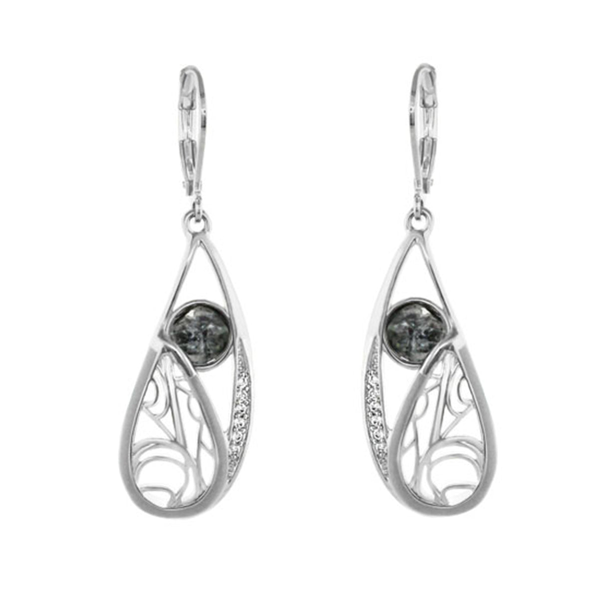 Cool Ice Earrings silver teardrop dangle with dark center stone and filigree 2pc pair on Tampa Home & Garden Store