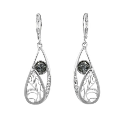 Cool Ice Earrings silver teardrop dangle with dark center stone and filigree 2pc pair on Tampa Home & Garden Store