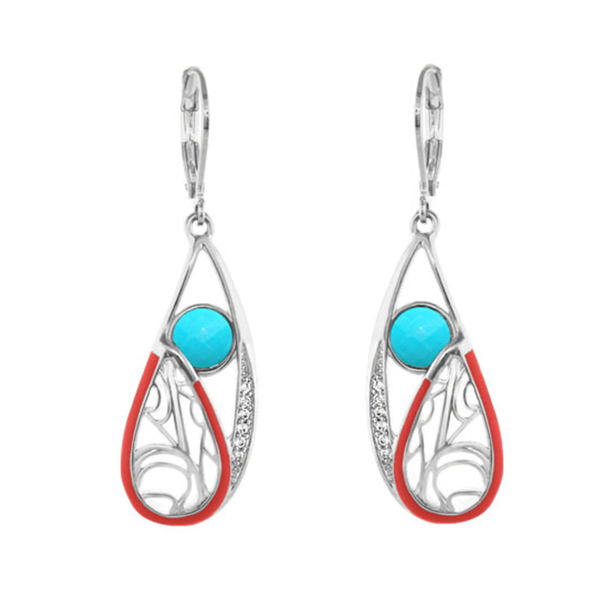 Cool Ice Earrings drop-style silver teardrop with turquoise cabochon and red enamel trim on Tampa Home & Garden Store