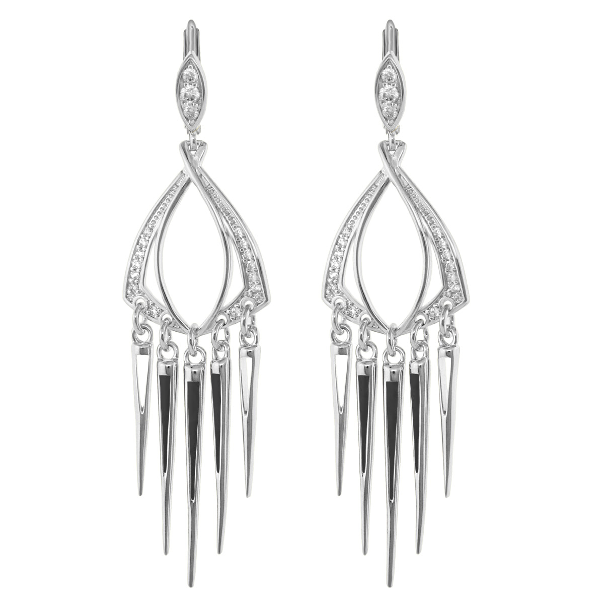 Utopia chandelier earrings, silver-tone with diamond accents and five spikes on Tampa Home & Garden Store