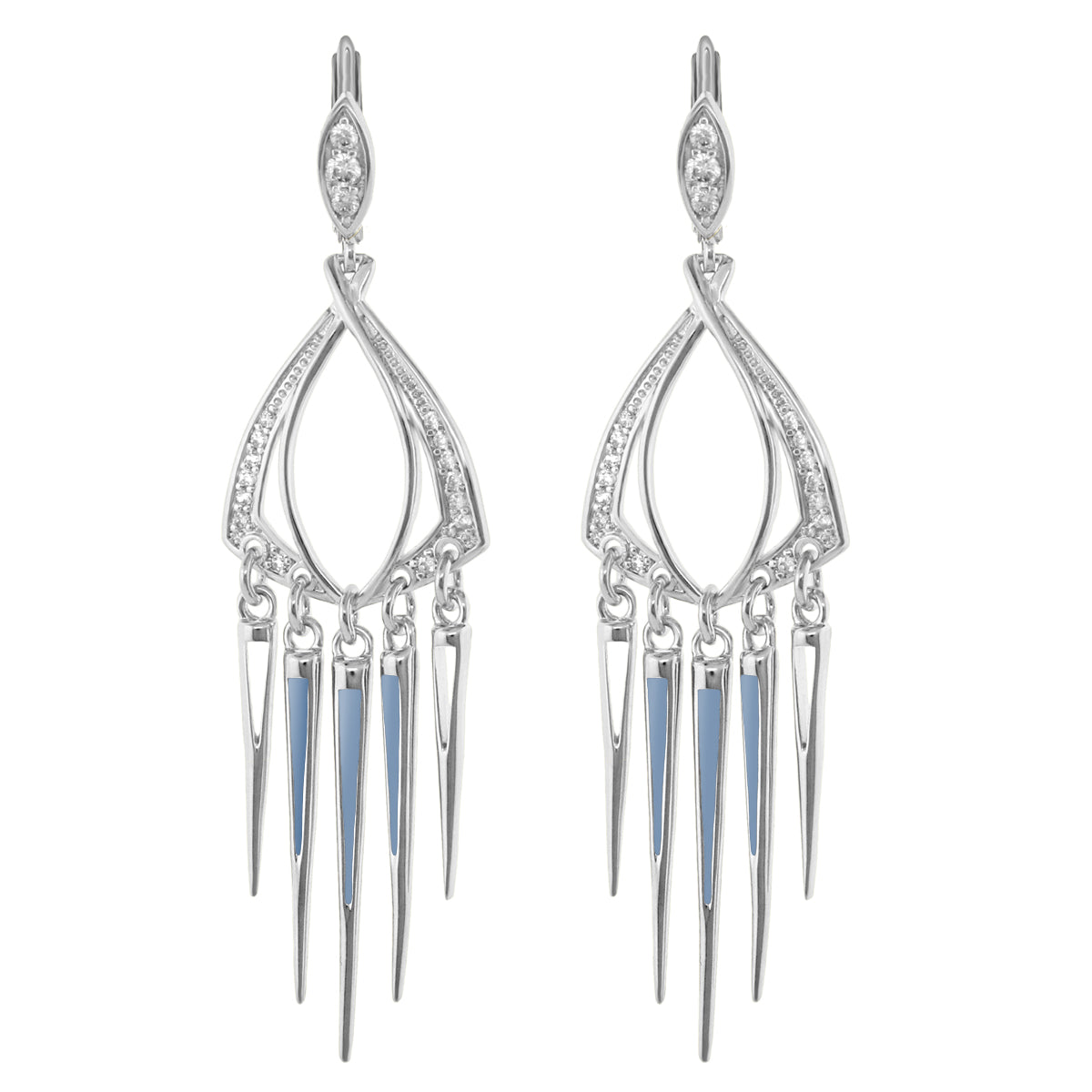 Utopia chandelier earrings by Lauren G Adams in silver with pavé teardrop frame and blue spikes on Tampa Home & Garden Store