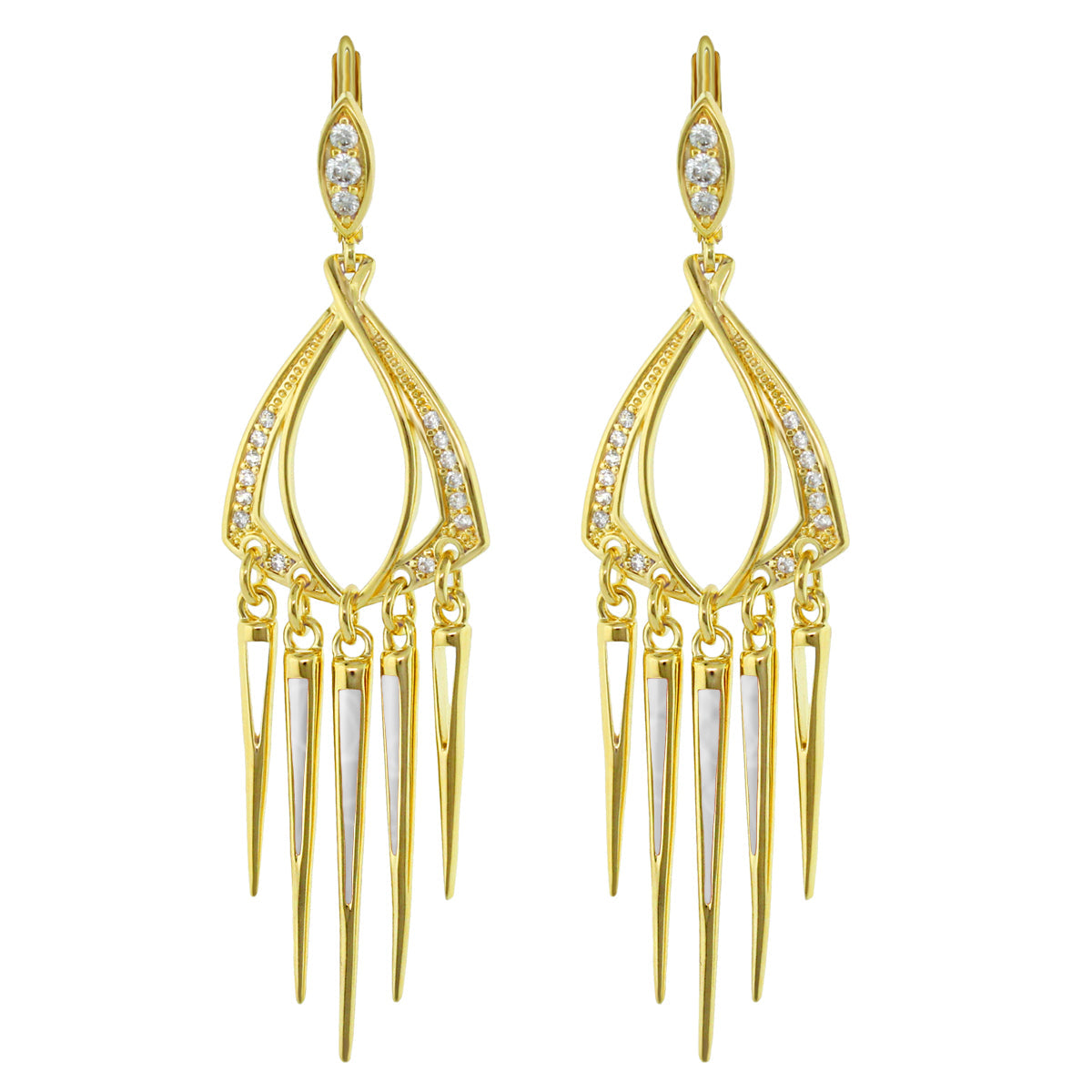 Utopia chandelier earrings in gold tone with crystal accents and five dangling spikes on Tampa Home & Garden Store