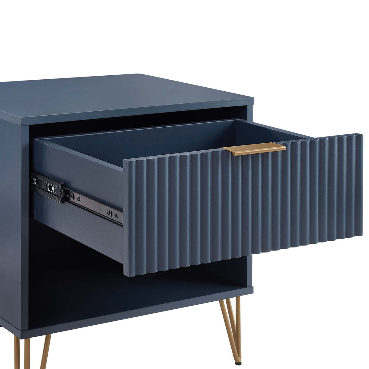 HouseOfZazla modern nightstand with fluted drawer front, navy blue finish, gold handle and hairpin legs on Tampa Home & Garden Store