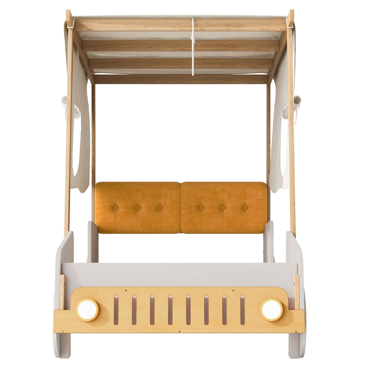 Twin size car bed with natural wood frame, tufted orange headboard and LED headlights on Tampa Home & Garden Store