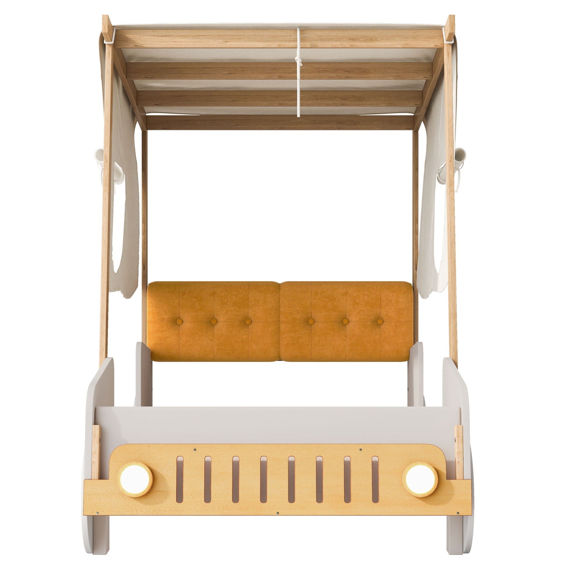 Twin size car bed with natural wood frame, tufted orange headboard and LED headlights on Tampa Home & Garden Store