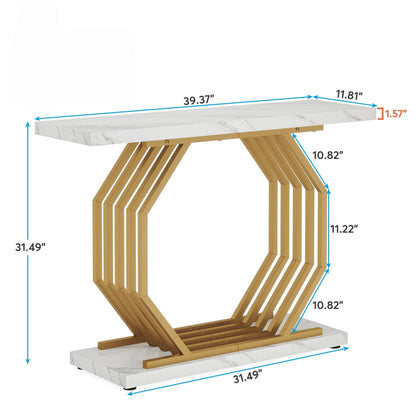 White and gold console table with faux marble top and geometric gold base by HouseOfZazla on Tampa Home & Garden Store