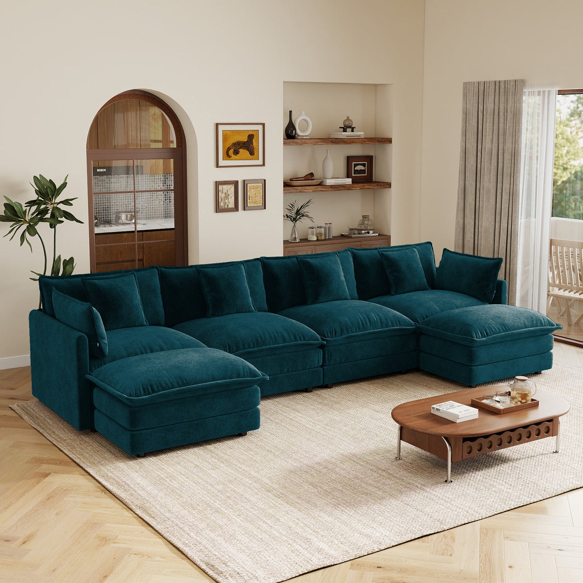Oversized U Shape Chenille Sofa and Ottoman