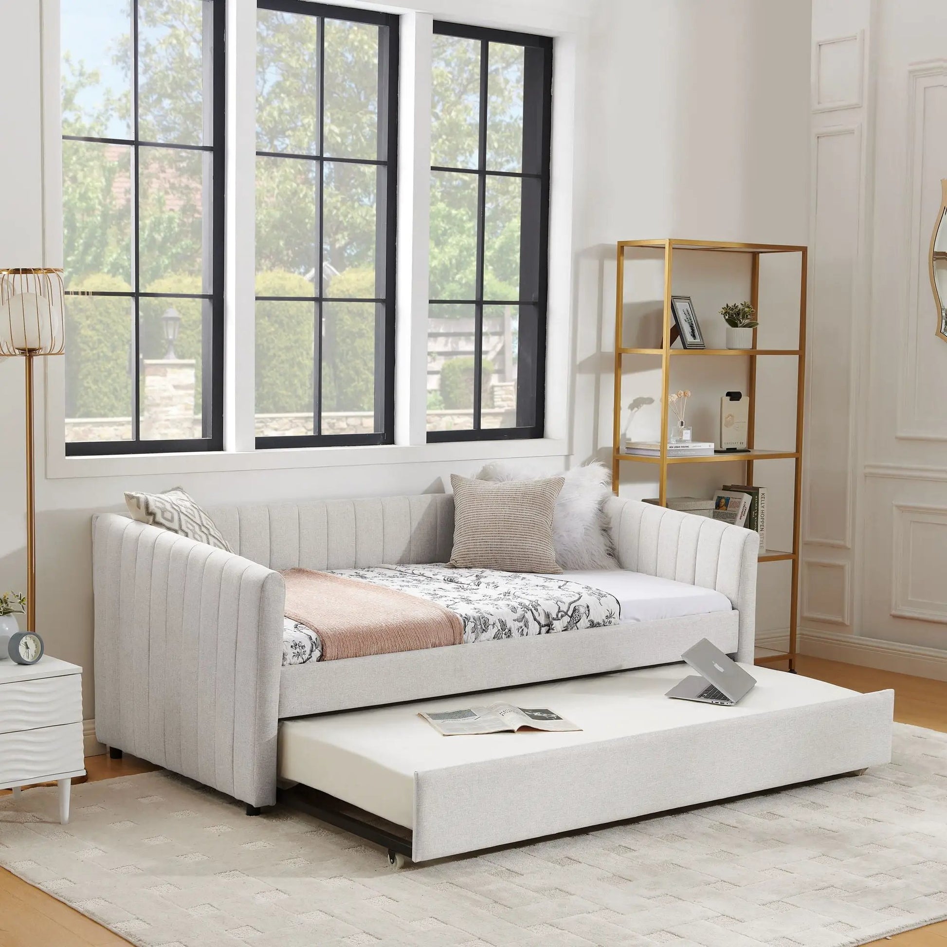 Upholstered Daybed with Trundle in light gray vertical-striped fabric by Unique Piece Furniture on Tampa Home & Garden Store