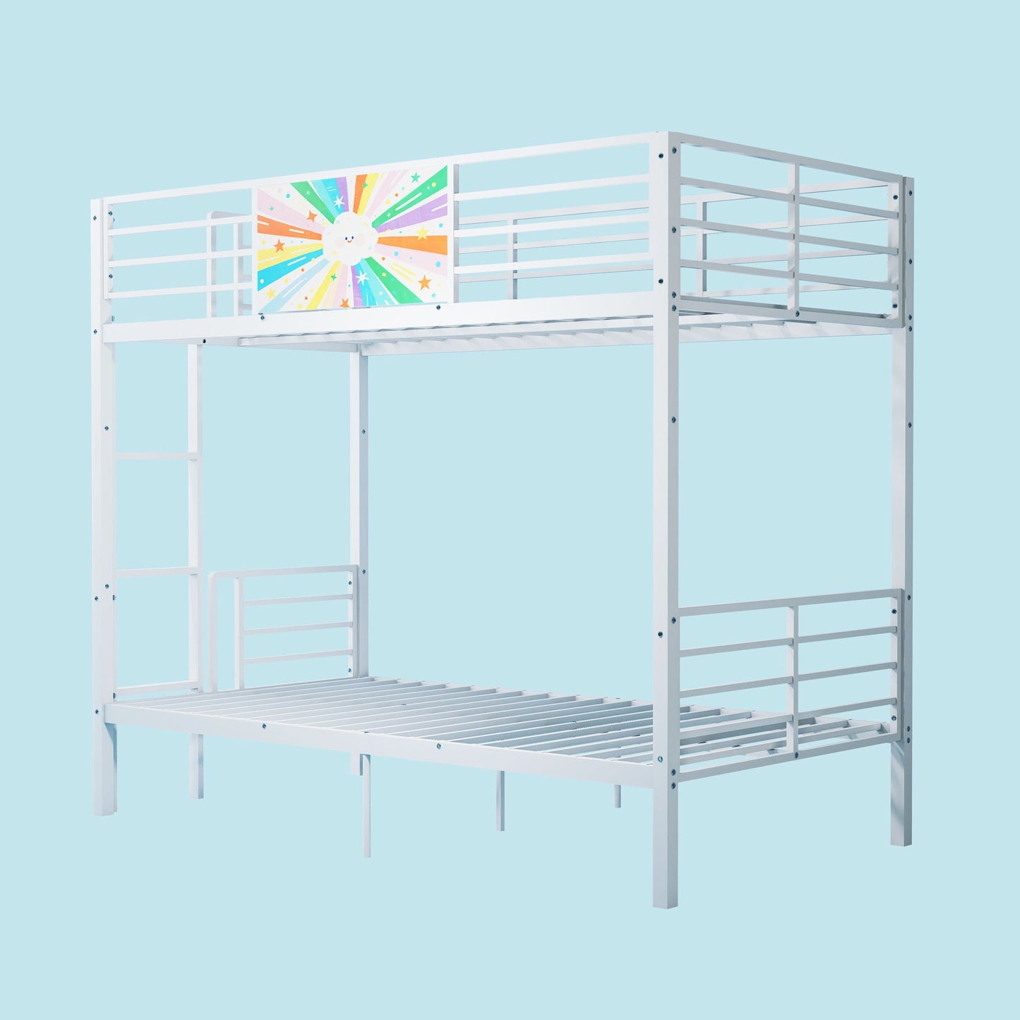 Bunk bed white metal with guardrails and ladder; sunburst panel adds color HouseOfZazla on Tampa Home & Garden Store