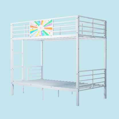 Bunk bed white metal with guardrails and ladder; sunburst panel adds color HouseOfZazla on Tampa Home & Garden Store