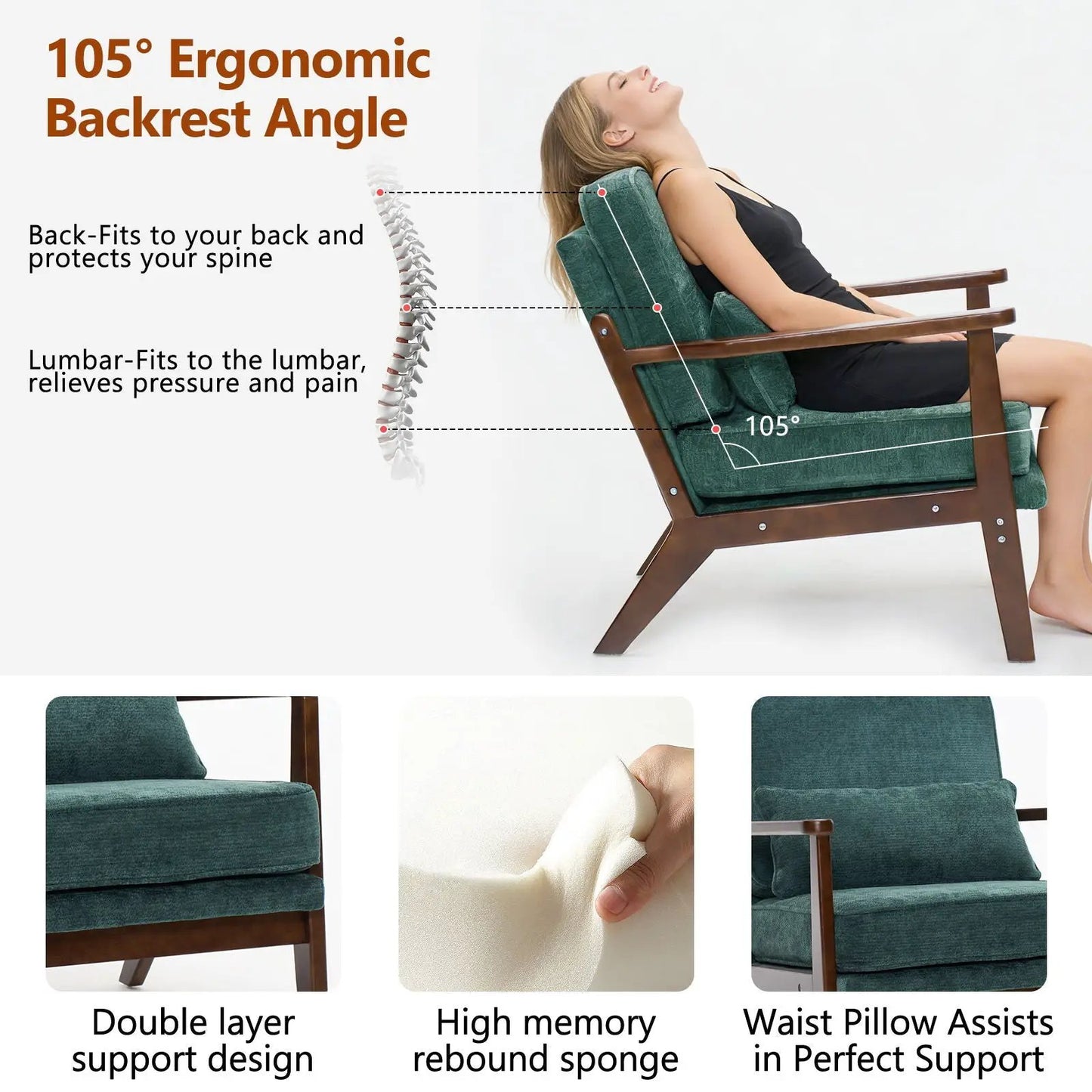 Living Room Chair with Lumbar Pillow Mid Century