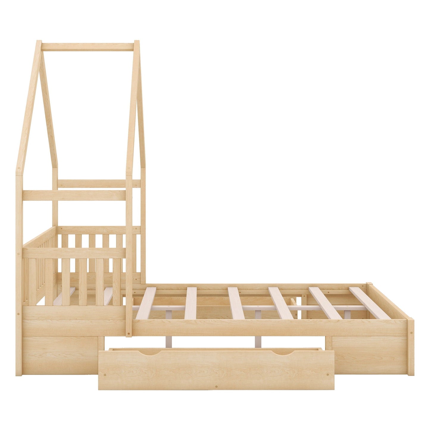 House Style Platform Bed with Guardrail and 2 Drawers in natural wood on Tampa Home & Garden Store