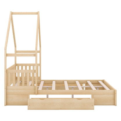 House Style Platform Bed with Guardrail and 2 Drawers in natural wood on Tampa Home & Garden Store
