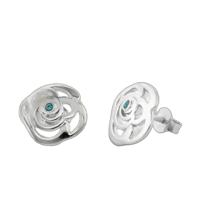 Sydney Leigh Rose Earrings, pair of silver openwork rose earrings with turquoise stones on Tampa Home & Garden Store