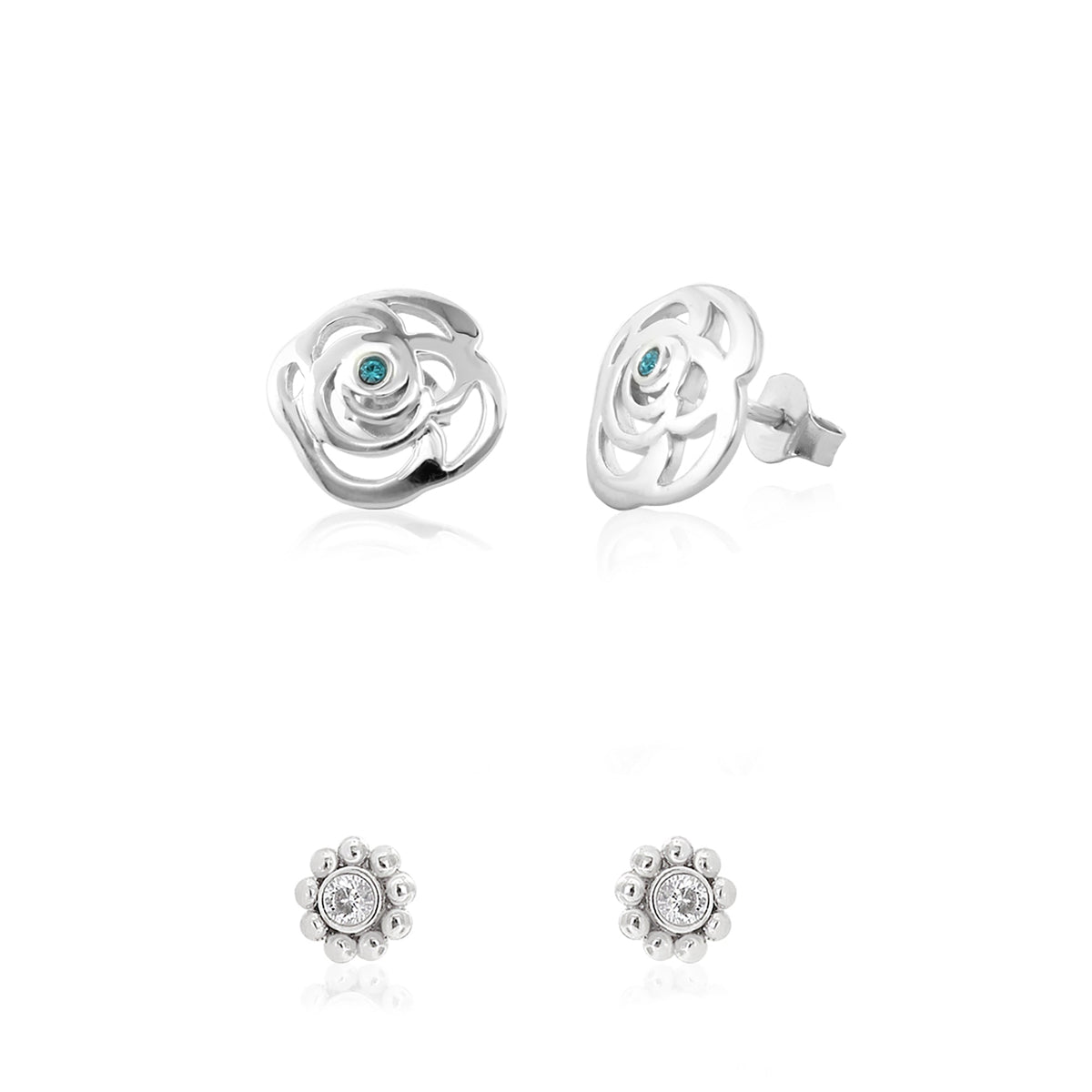 Sydney Leigh Rose earrings by Lauren G Adams, silver floral rose stud pair with blue stones on Tampa Home & Garden Store