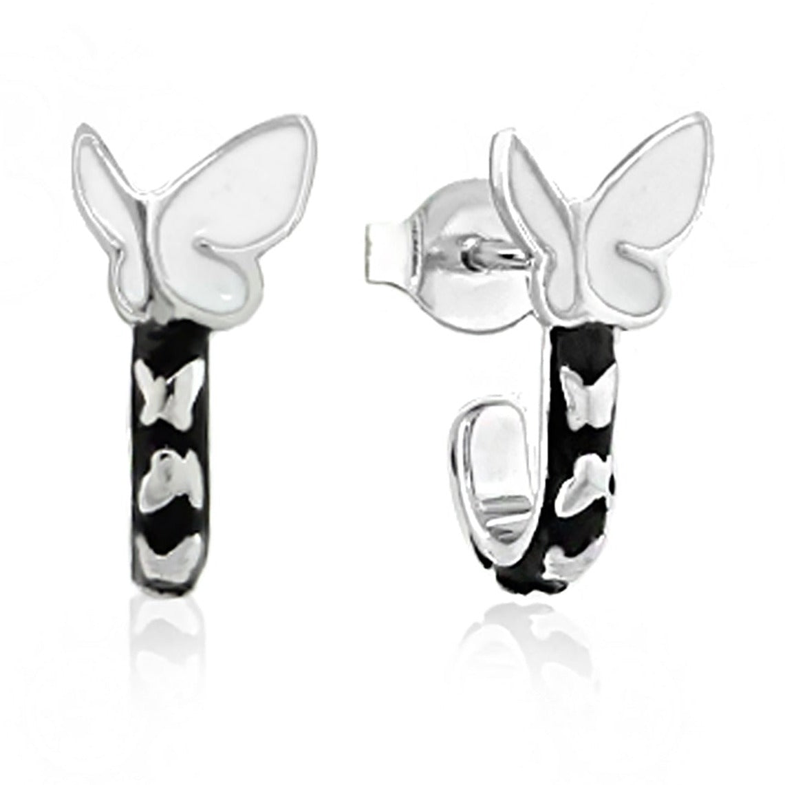 Sydney Leigh Butterfly Earrings pair by Lauren G Adams, silver-tone hoops with black enamel on Tampa Home & Garden Store