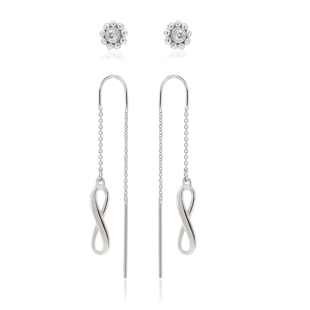Sydney Leigh Infinity Earrings silver halo crystal studs and infinity-threader drops on Tampa Home & Garden Store