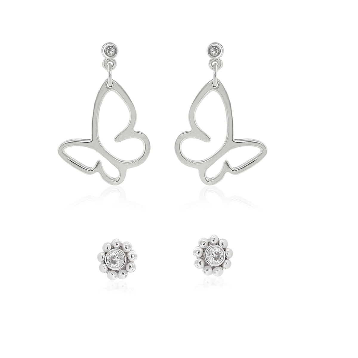 Sydney Leigh Butterfly Earrings by Lauren G Adams, silver-tone drop with open butterfly silhouette and crystal stud on Tampa Home & Garden Store