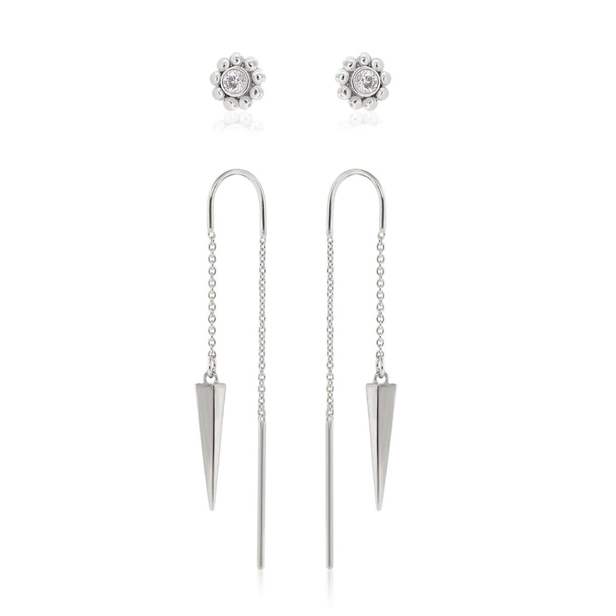 Sydney Leigh Triangle Set of 2 earrings with daisy crystal studs and spike drop chains on Tampa Home & Garden Store