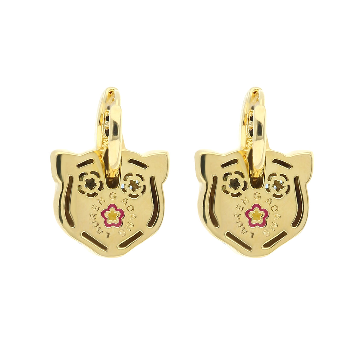 Sweet Leopard Earrings gold-tone hoops with shield charms and floral enamel accents pair on Tampa Home & Garden Store