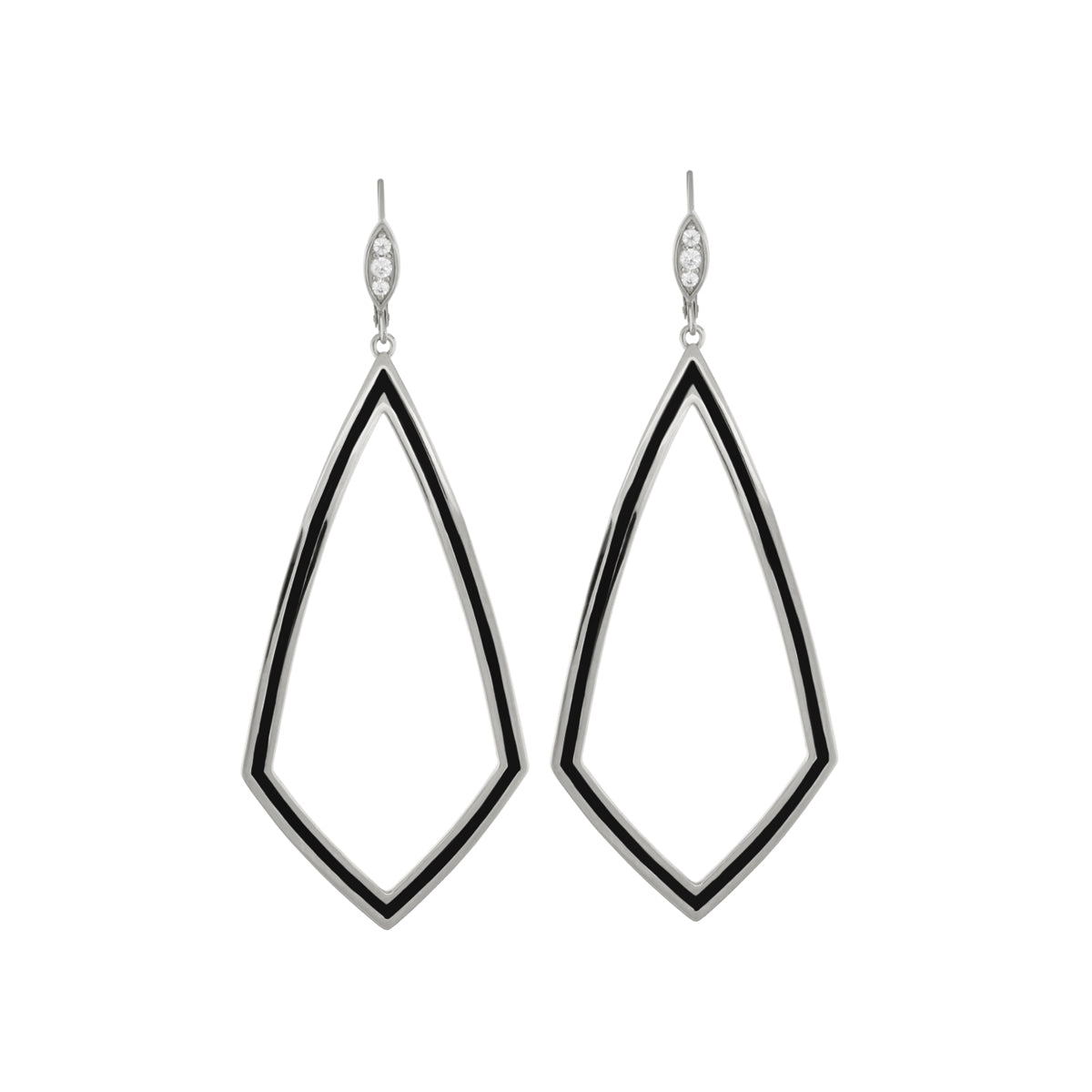 Lux Diamond Dangle Earrings, with large open diamond frames and black enamel, silver-tone on Tampa Home & Garden Store