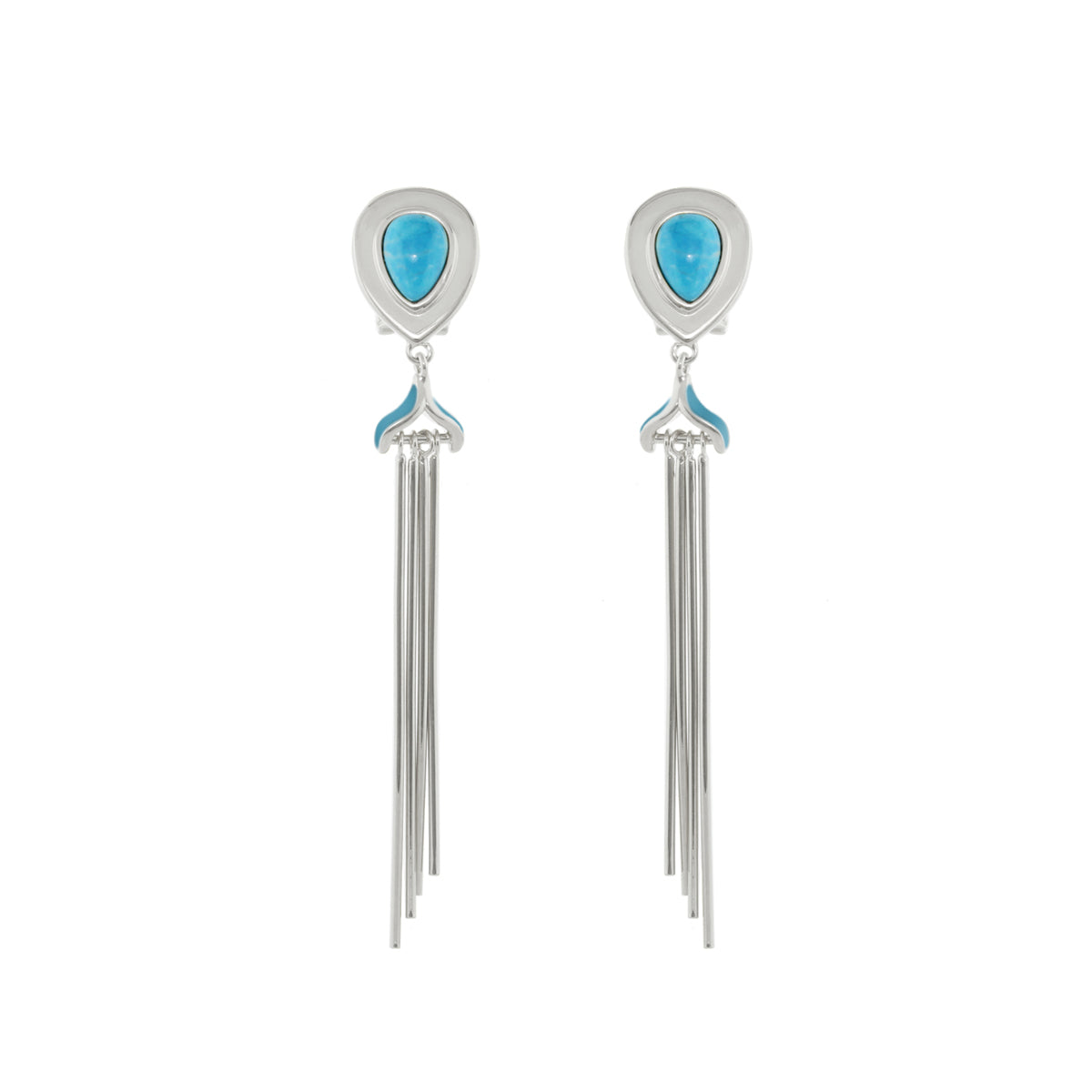 Lux Tassel Earrings by Lauren G Adams, silver-tone with turquoise teardrops and long tassels, pair on Tampa Home & Garden Store