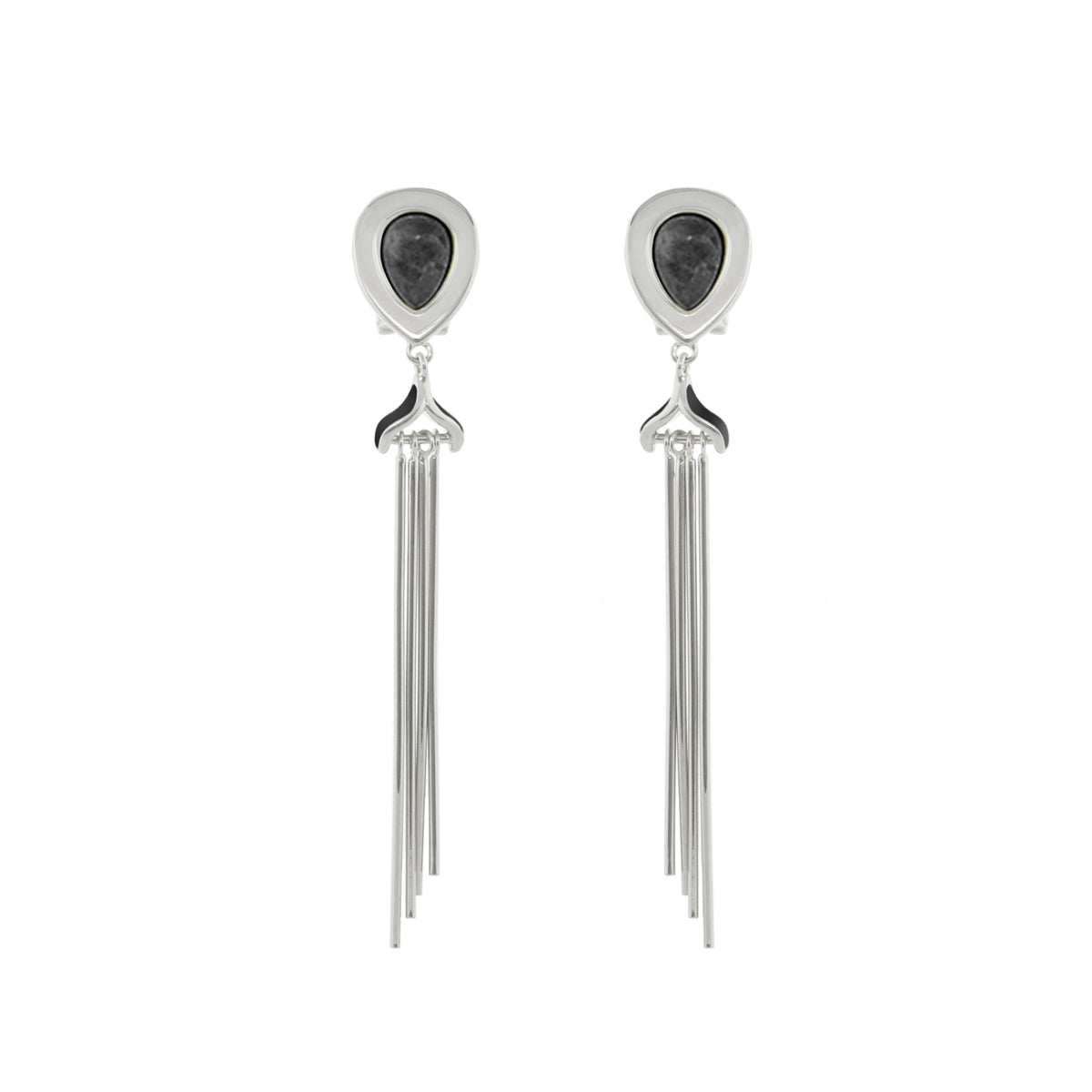 Lux Tassel Earrings by Lauren G Adams, silver teardrop studs with black stone and tassels pair on Tampa Home & Garden Store