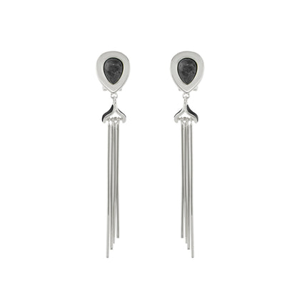 Lux Tassel Earrings by Lauren G Adams, silver teardrop studs with black stone and tassels pair on Tampa Home & Garden Store