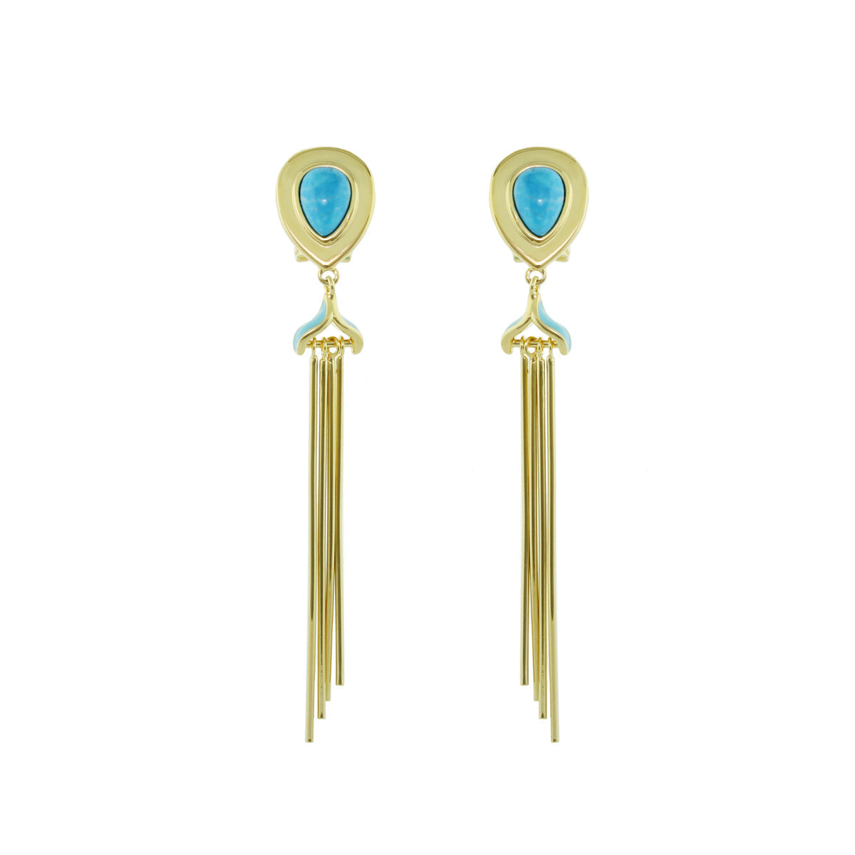 Lux Tassel Earrings gold-tone with turquoise teardrop stones and long fringe tassels pair on Tampa Home & Garden Store