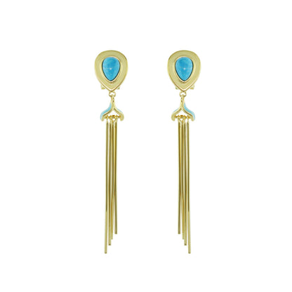 Lux Tassel Earrings gold-tone with turquoise teardrop stones and long fringe tassels pair on Tampa Home & Garden Store
