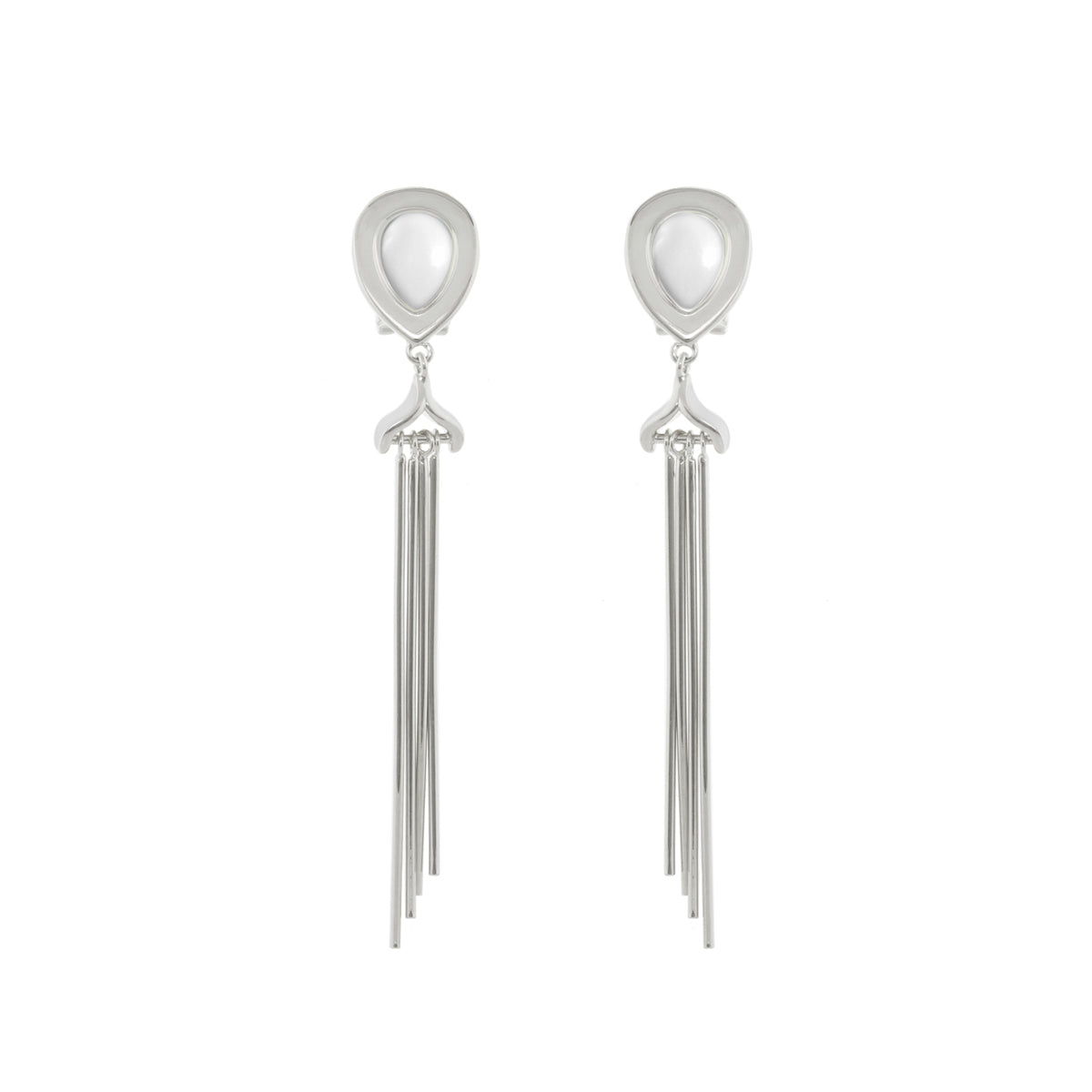 Lux Tassel Earrings pair in silver-tone with teardrop cabochon and long tassels on Tampa Home & Garden Store