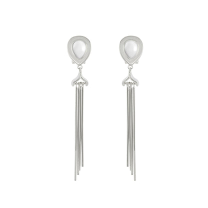 Lux Tassel Earrings pair in silver-tone with teardrop cabochon and long tassels on Tampa Home & Garden Store