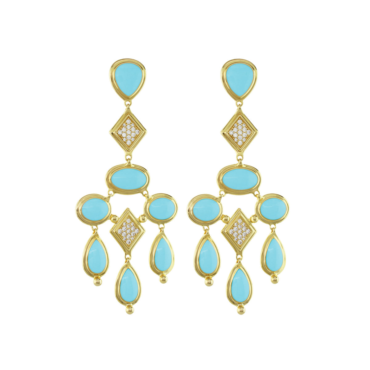 Lux Chandelier Earrings by Lauren G Adams, goldtone turquoise stones and diamond accents, pair on Tampa Home & Garden Store