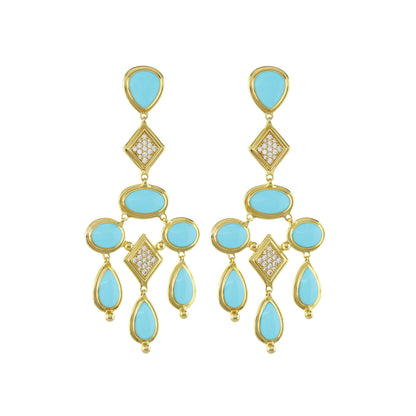 Lux Chandelier Earrings by Lauren G Adams, goldtone turquoise stones and diamond accents, pair on Tampa Home & Garden Store