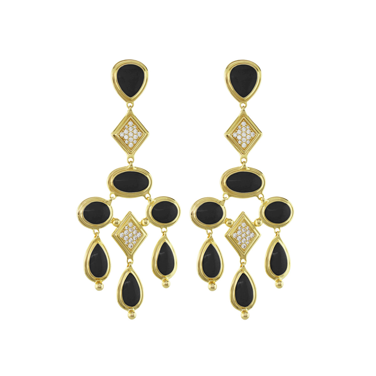 Lux Chandelier Earrings gold-tone with black onyx and pavé diamonds, chandelier drops with teardrops on Tampa Home & Garden Store