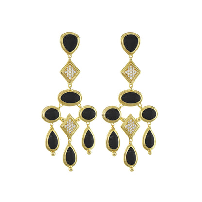 Lux Chandelier Earrings gold-tone with black onyx and pavé diamonds, chandelier drops with teardrops on Tampa Home & Garden Store