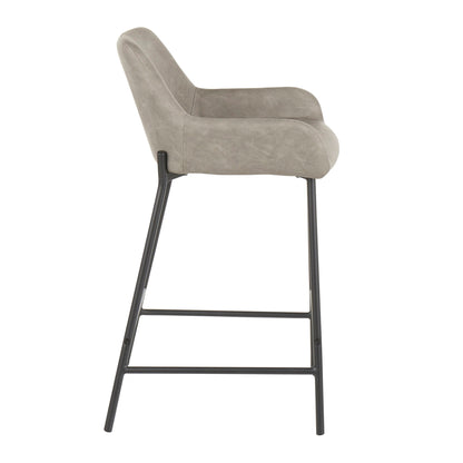 Industrial fixed-height counter stool with upholstered gray taupe seat, black metal legs on Tampa Home & Garden Store