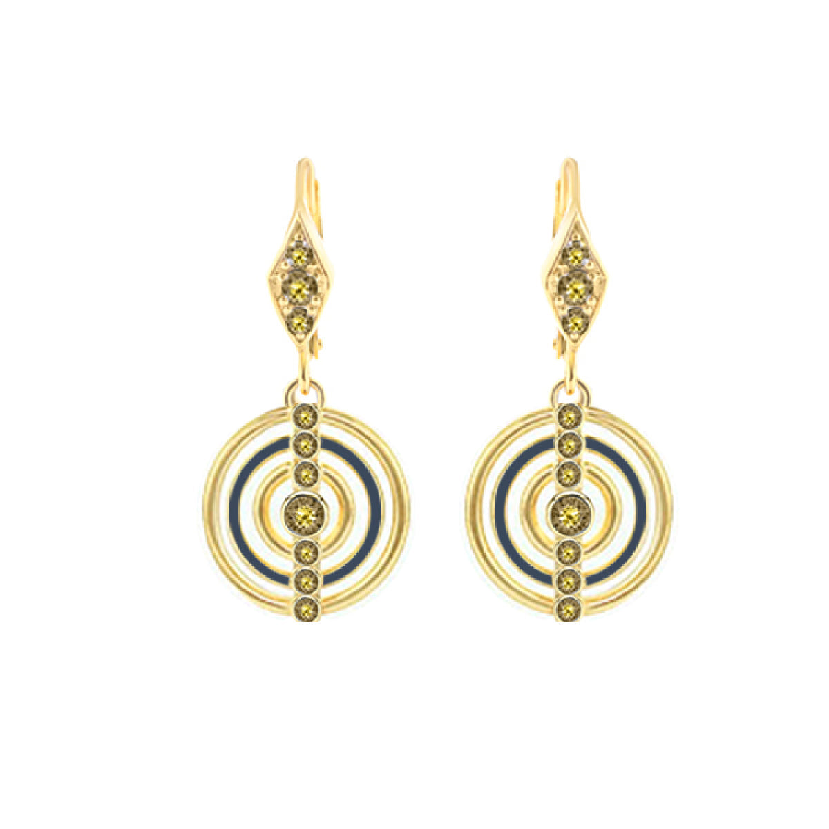 Egyptian Queen Earrings pair, gold tone hoops with concentric circles and yellow stones on Tampa Home & Garden Store