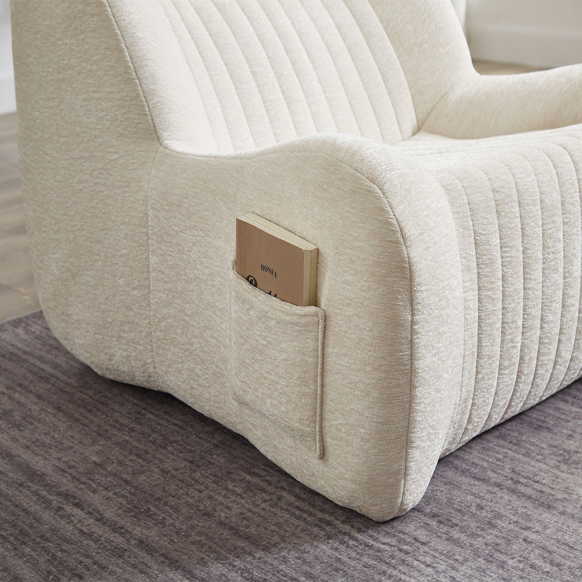 HouseOfZazla bean bag chair for adults in ivory chenille fabric with quilted vertical stitching on Tampa Home & Garden Store