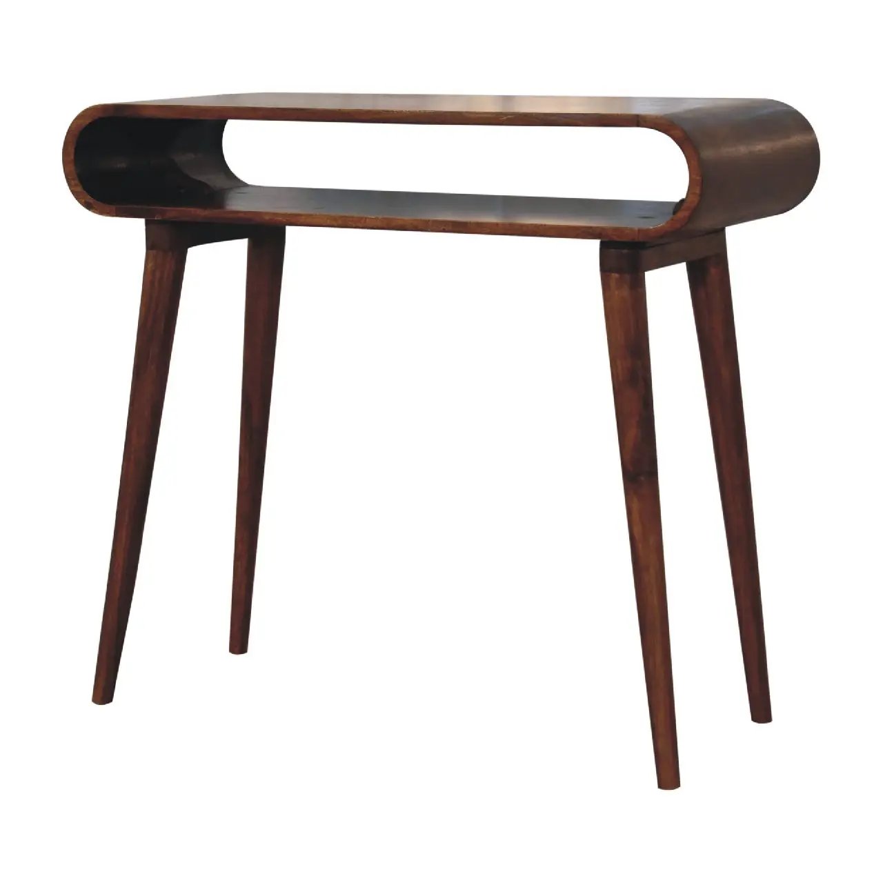Amaya Nordic style wooden coffee table with rounded ends and open lower shelf on tapered legs on Tampa Home & Garden Store