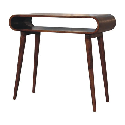 Amaya Nordic style wooden coffee table with rounded ends and open lower shelf on tapered legs on Tampa Home & Garden Store