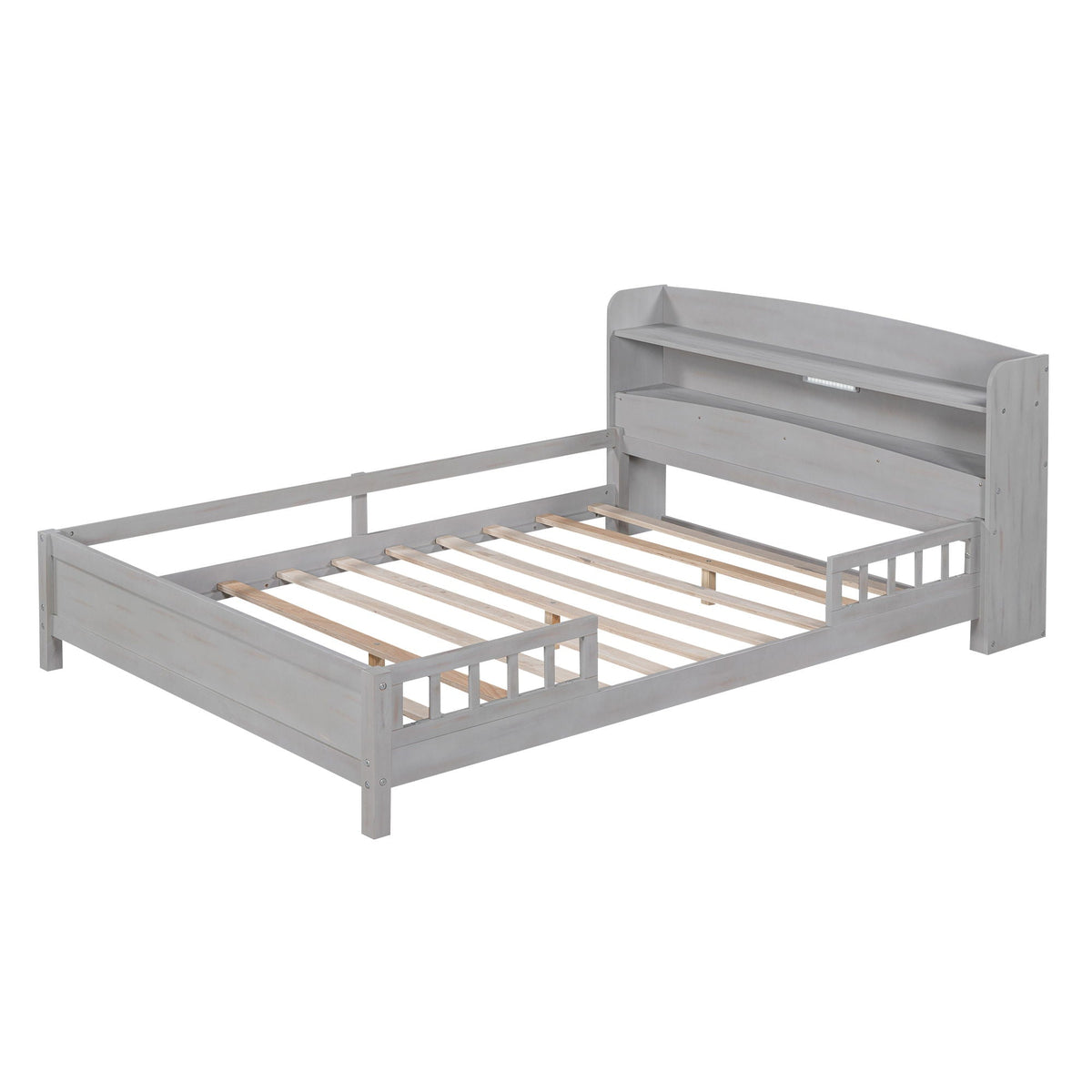 Grey wood platform bed with built-in LED light, storage headboard, and guardrail by HouseOfZazla on Tampa Home & Garden Store