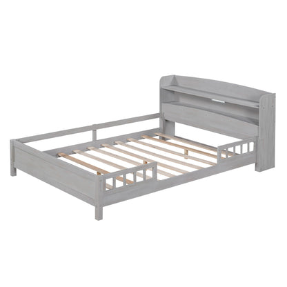 Grey wood platform bed with built-in LED light, storage headboard, and guardrail by HouseOfZazla on Tampa Home & Garden Store
