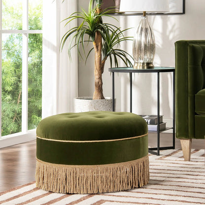 Yolanda round upholstered accent ottoman in emerald green velvet with natural jute fringe base on Tampa Home & Garden Store