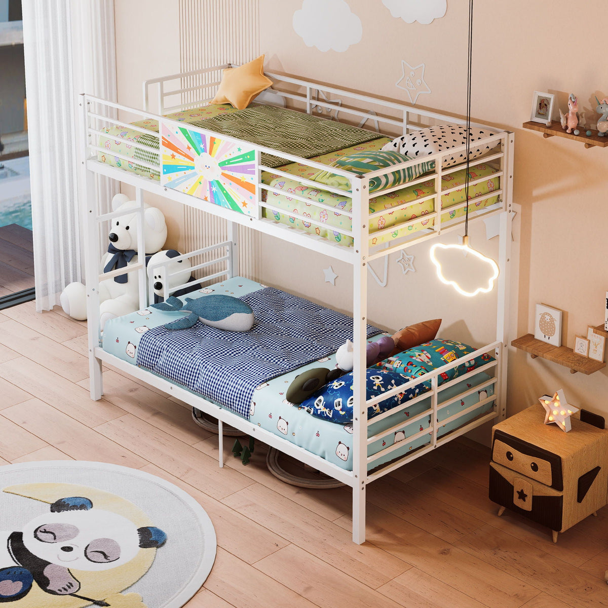 White metal bunk bed convertible to two twin beds with full-length guardrails and ladder on Tampa Home & Garden Store