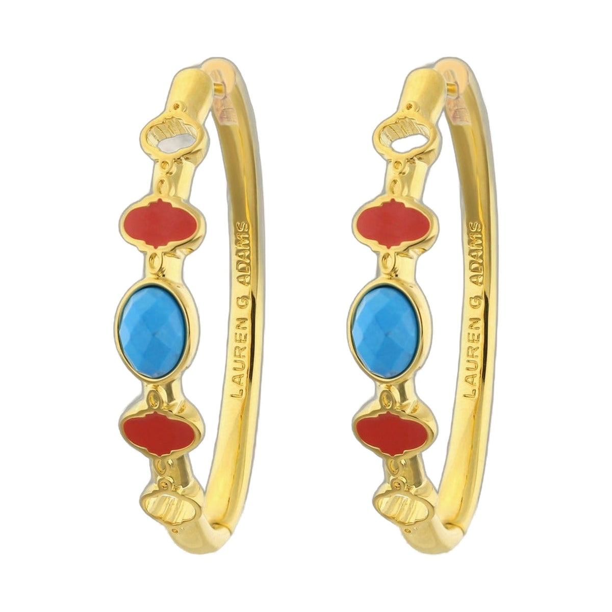 Dragon Lady Earrings by Lauren G Adams; enamel gold hoops with blue oval stones on Tampa Home & Garden Store