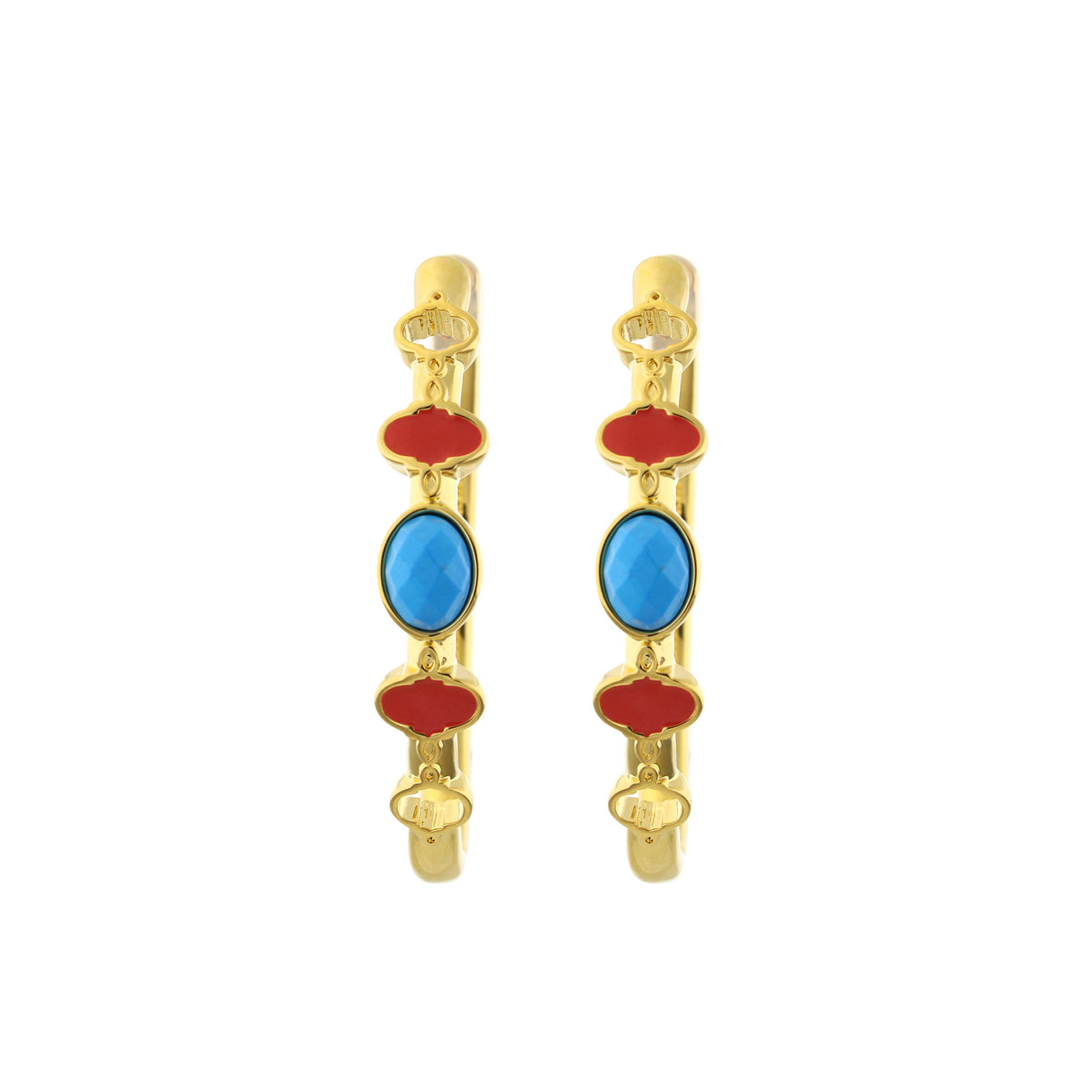 Dragon Lady Enamel Hoop earrings in gold-tone with red enamel and blue oval drops, 2 pieces on Tampa Home & Garden Store